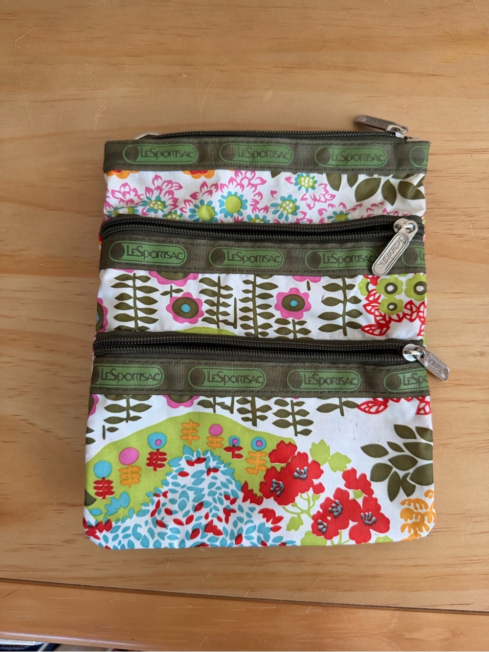 LeSportsac Floral Triple-Zip Cosmetic Pouch in White, Olive & Multicolor